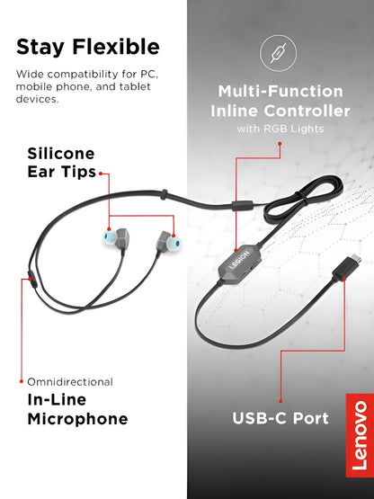 Lenovo Legion RGB Gaming in-Ear Headphones with USB-C E510-7.1 Surround Sound, Hi-Res Audio, in-Line Controller with RGB Lights - Compatible with PC, Tablet, Phone