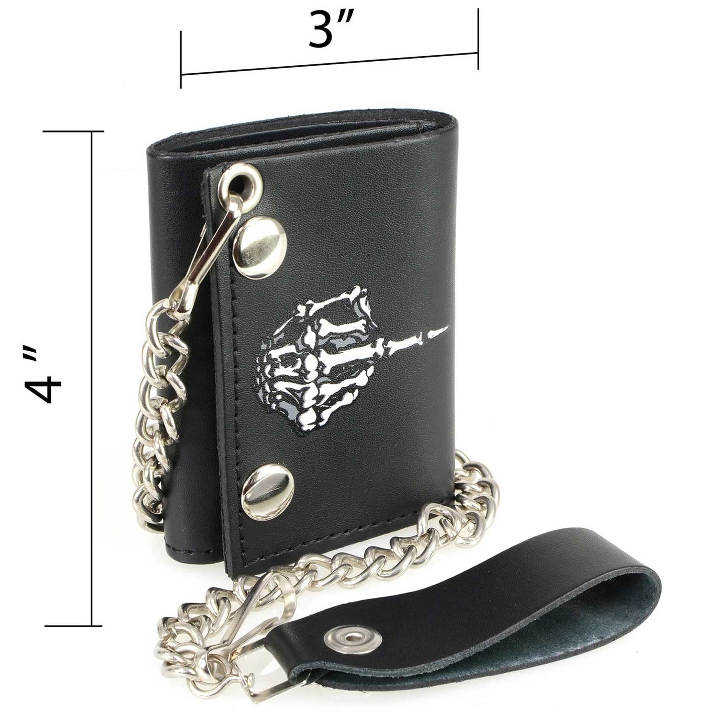 Milwaukee Leather MLW7840 Men's 4” Black Leather Biker Wallet - Tri-Fold Anti - Theft Stainless Steel Chain w/Skeleton Finger - One Size