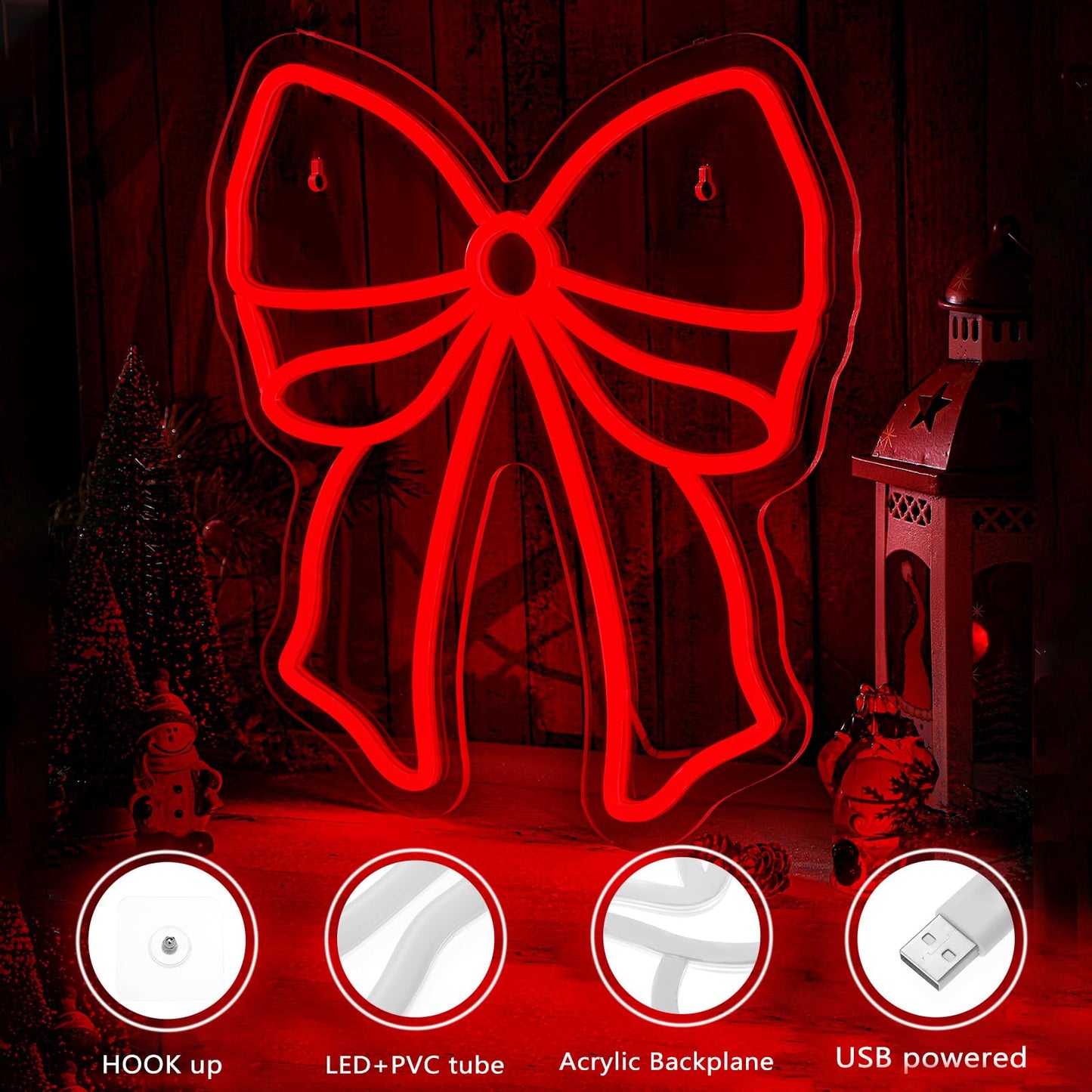 Xuhal Christmas Bow Neon Sign LED Red Bow Light up Sign Christmas Neon Light USB Powered Acrylic Home Wall Decor for Xmas Party Bedroom Living Room Cafe Bar Outdoor Decorations