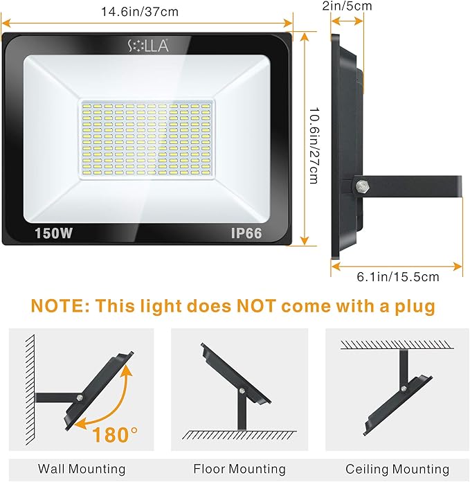 2 Pack 150W LED Flood Light, IP66 Waterproof, 12000lm, 800W Equivalent, Super Bright Outdoor Security Lights, 6000K Daylight White, Outdoor Floodlight for Garage, Garden, Lawn and Yard