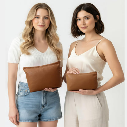 Kigeli 2 Pcs Small Makeup Bag Set for Purse PU Leather Cosmetic Bag Makeup Travel Toiletry Pouch Aesthetic Preppy Organizer Storage Pouch Gift for Teacher Mother Day Women(Brown)