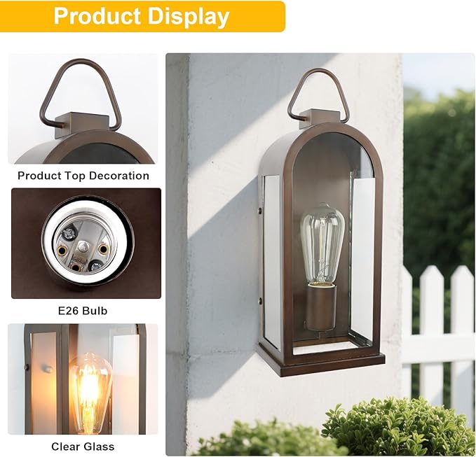 Vintage Outdoor Wall Light Fixtures (2 Pack) - Dark Brown Porch Lantern/Exterior Wall Sconce, Glass Shade, Sturdy Metal Frame, Waterproof & Anti-Rust, for Entryway/Garage/Patio/Doorway, E26 Socket