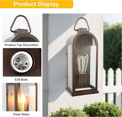 Vintage Outdoor Wall Light Fixtures (2 Pack) - Dark Brown Porch Lantern/Exterior Wall Sconce, Glass Shade, Sturdy Metal Frame, Waterproof & Anti-Rust, for Entryway/Garage/Patio/Doorway, E26 Socket