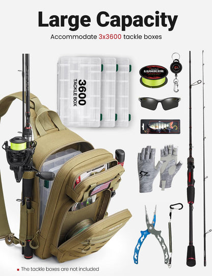 Piscifun Fishing Backpack Tackle Bag with 2 Rod Holders, Multi-Compartment Storage, MOLLE System, Water-Resistant Lightweight Outdoor Pack,Single Shoulder Khaki Standard