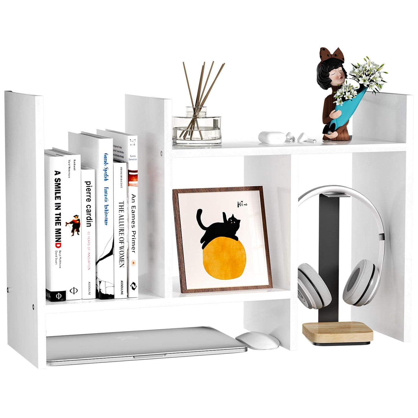 FNBAR Desk Shelves Wood Desktop Orgnizer Shelf. Office Organization for Top of Desk Organizers and Accessories Bookshelf Shelving,Adjustable Tier H-Shape Mini Bookcase(White)