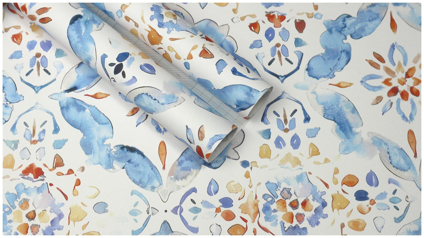 HAOKHOME Geometric Peel and Stick Wallpaper Tile Blue/White/Red Floral Damask Removable Wall Paper Modern Home Decor for Kitchen Backsplash 17.3in x 118in