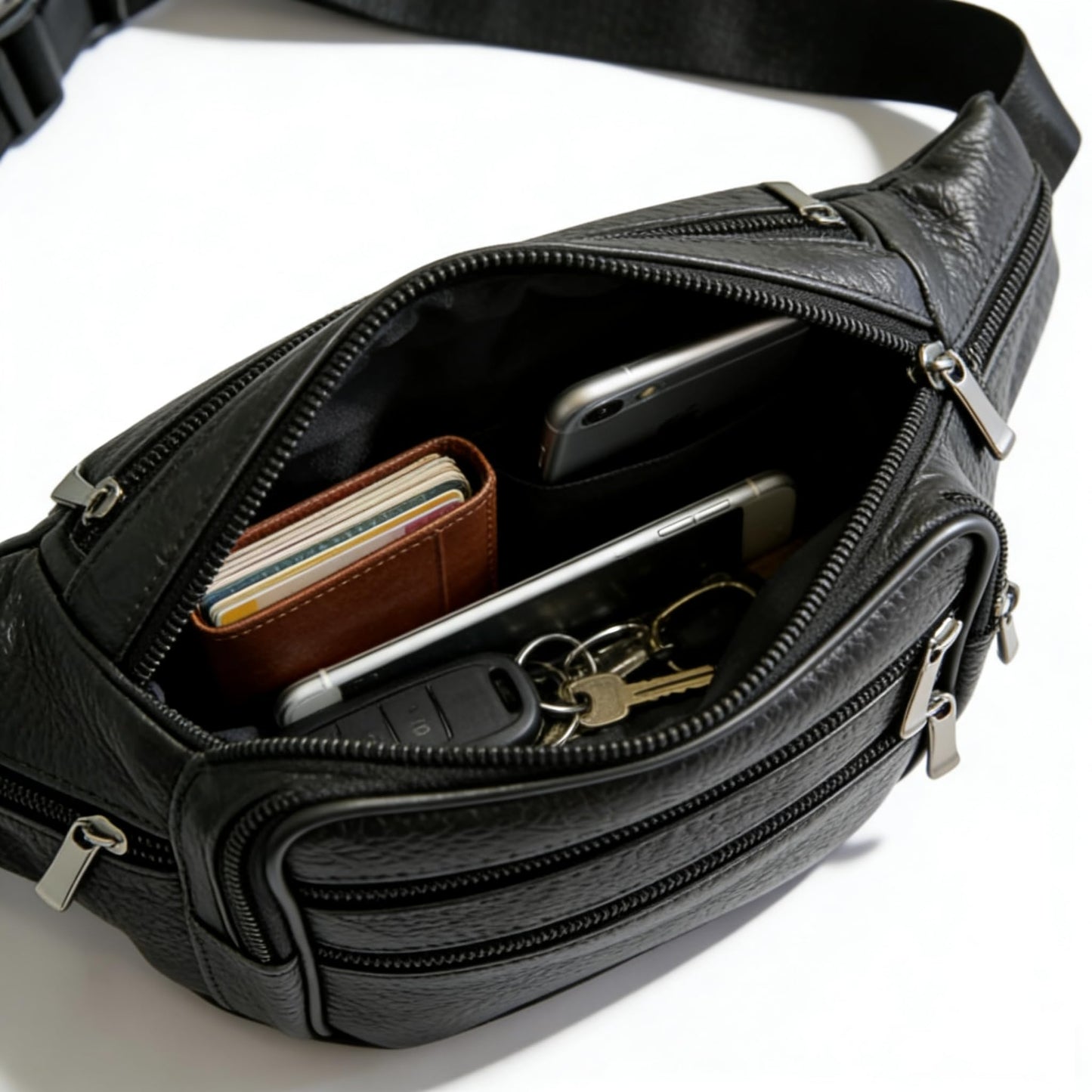 Leather Fanny Pack Travel Waist Bag 7 Pockets Waist Pack.Suitable for Outdoor Mountaineering Travel Camping Cycling Running etc FANNING511 Fanny pack (Black)