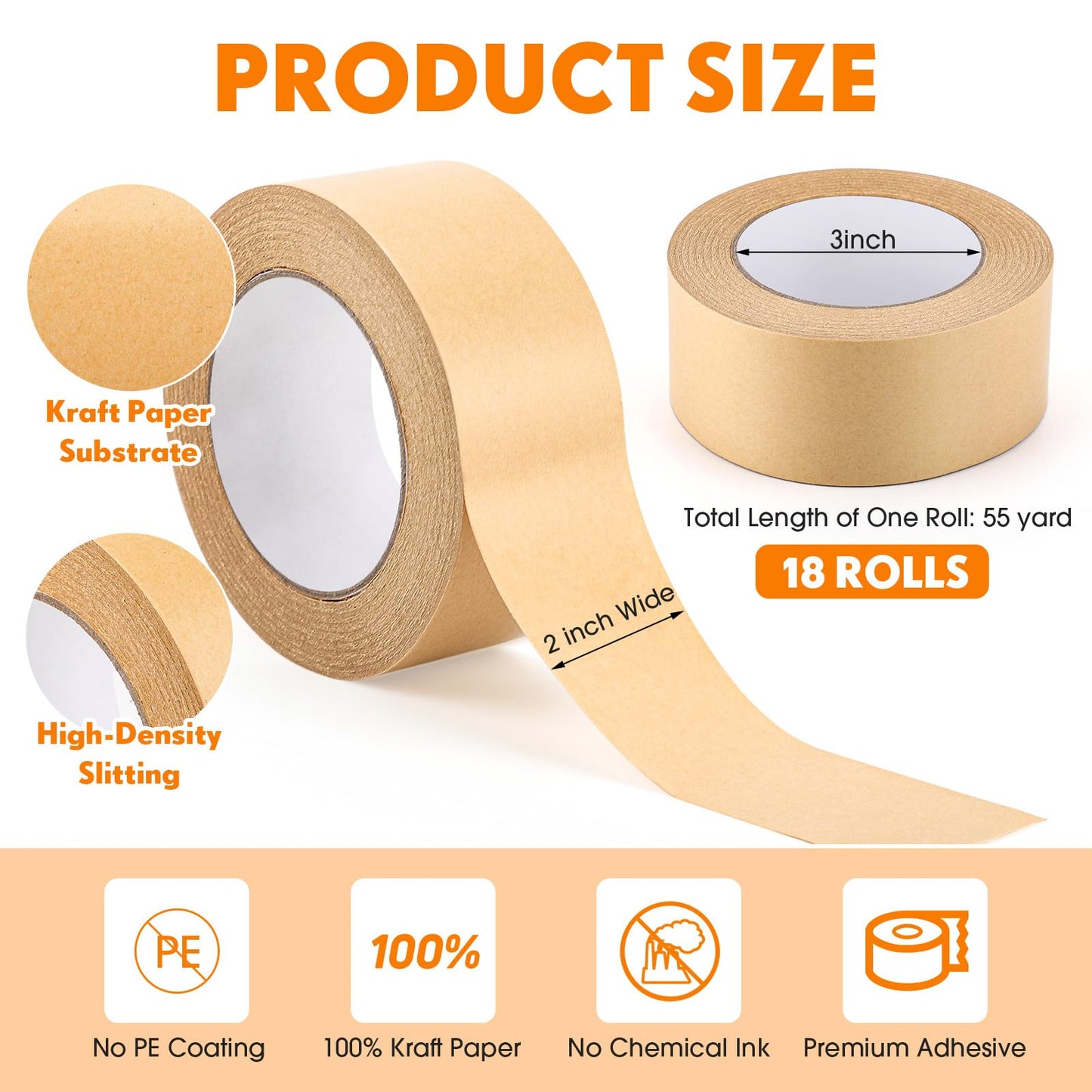 Treela 18 Rolls Brown Packing Tapes Bulk 2 Inch x 55 Yards Kraft Paper Tape Packaging Tapes Tear by Hand for Cardboard Masking Sealing Boxes Express Parcels Office Use