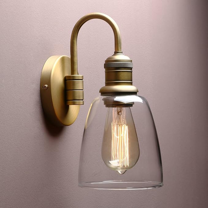 Yosoan 1-Light Brass Modern Vintage Indoor Wall Sconce, Vanity Single Luxury Hardwired Retro Textured Clear Oval Cone Glass Shade with Industrial Gooseneck Curved Rod Bathroom Lamp(Antique)
