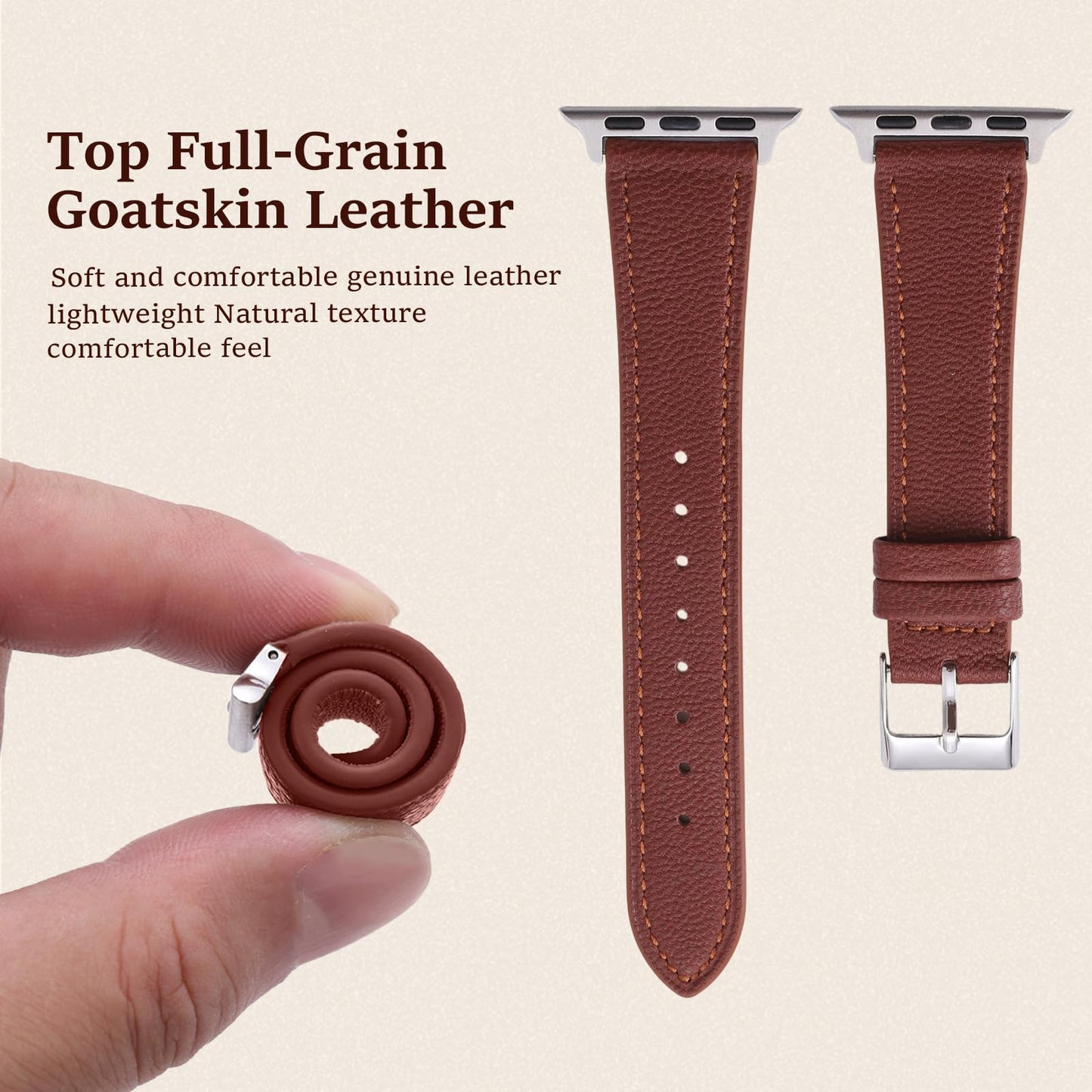 Soft French Goatskin Women's Leather Watch Band Compatible with Apple Watch 38mm 40mm 41mm 42mm 44mm 45mm 46mm 49mm, Slim Lightweight Leather Strap for iWatch Series Ultra SE11 10 9 8 7 6 5 4 3 2 1
