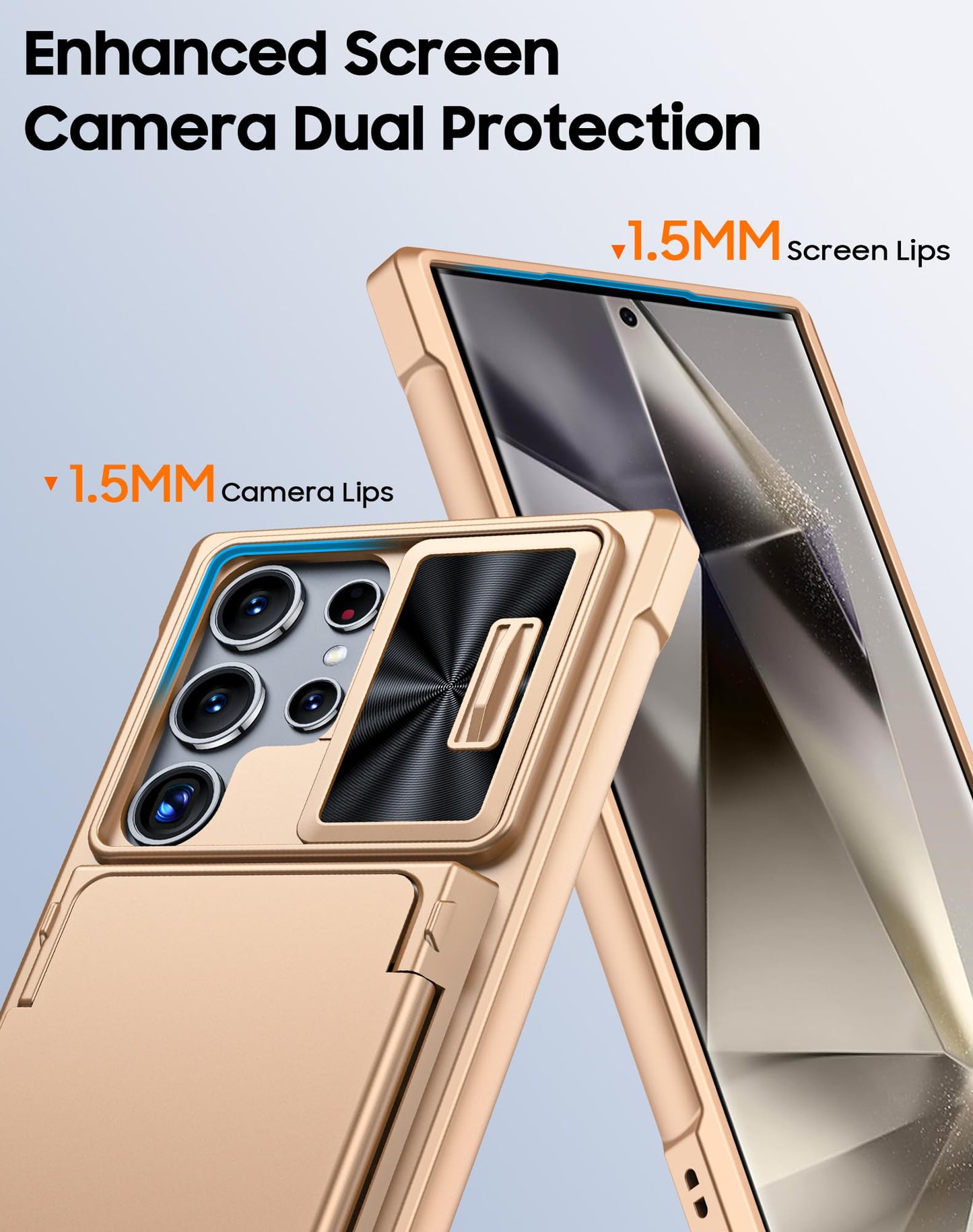 Vizvera for Samsung Galaxy S24 Ultra Case Wallet, RFlD Cards Holder & Camera Cover & Kickstand for Women Men, Full Body Rugged Shockproof Silicone Case for S24 Ultra 6.8" 2024 Only-Champagne Gold