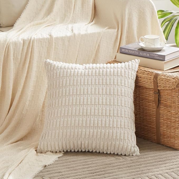 Fancy Homi Boho Decorative Throw Pillow Covers 20x20 Inch for Living Room Couch Bed Sofa, Rustic Modern Farmhouse Home Decor, Soft Corduroy Cream Square Cushion Case 50x50 cm