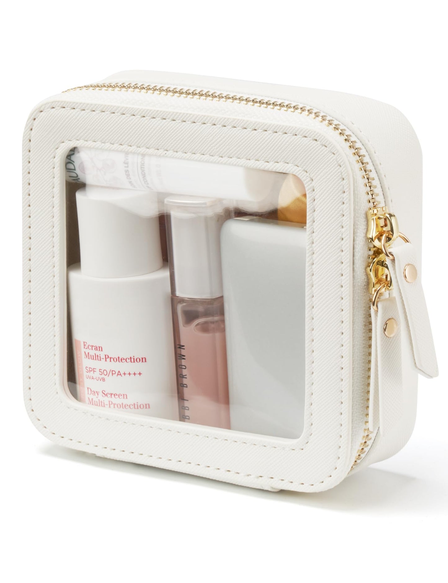 Small Cosmetic Bag for Purse Mini Makeup Bag for School Cute Clear Make Up Pouch for Travel Tiny Leather White Make Up Organizer Case for Backpack Toiletry Bag Waterproof Square Pouch with Zipper