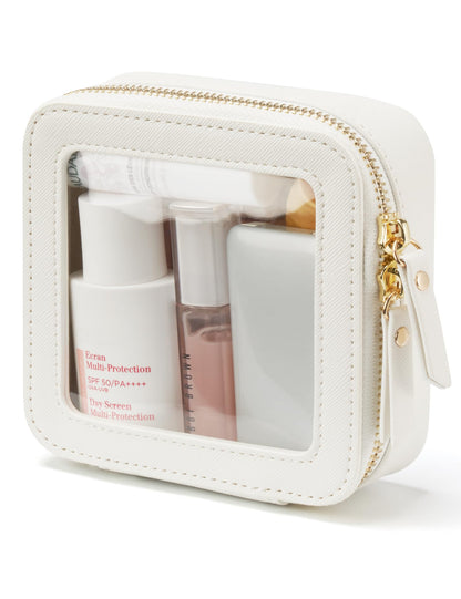 Small Cosmetic Bag for Purse Mini Makeup Bag for School Cute Clear Make Up Pouch for Travel Tiny Leather White Make Up Organizer Case for Backpack Toiletry Bag Waterproof Square Pouch with Zipper