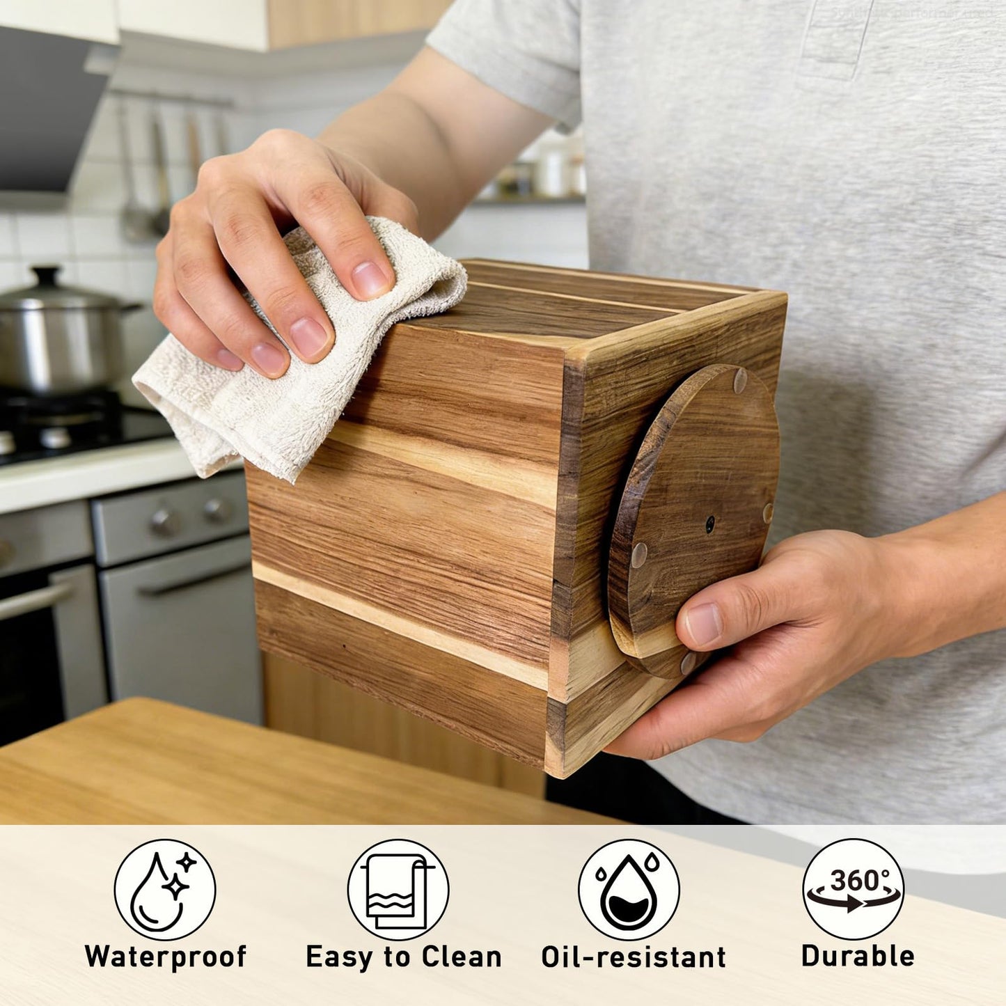 Wooden Utensil Holder for Kitchen Counter, Non-Slip Large Acacia Wood Spatula Holder for Counter with 4 Compartments, 360° Rotating Cooking Utensil Holder, Farmhouse Countertop Decor