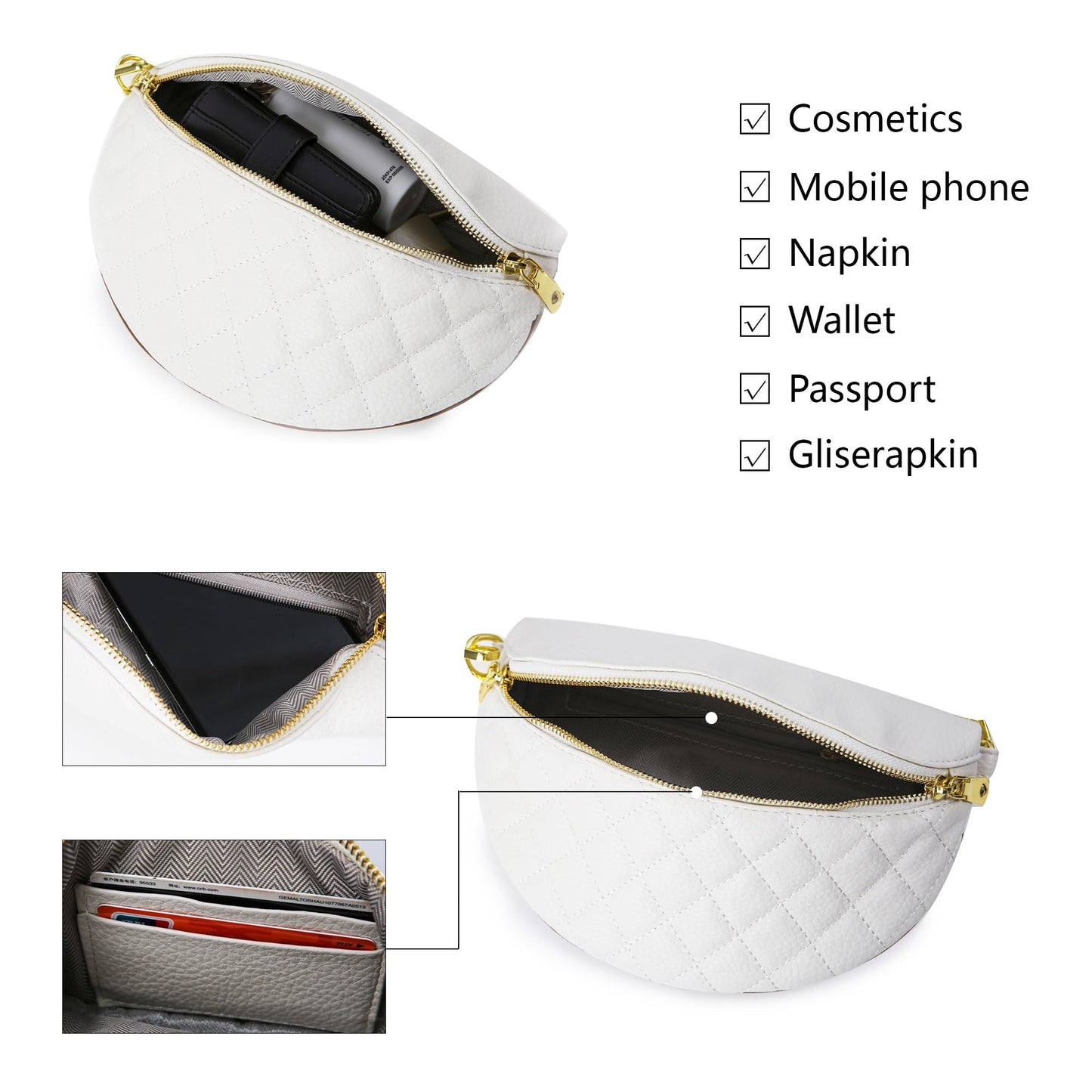 Beejirm Crossbody Fanny Packs for Women - Faux Leather Crossbody Bag with Chest Strap, Small Waist Pack & Belt Clip (Cream)