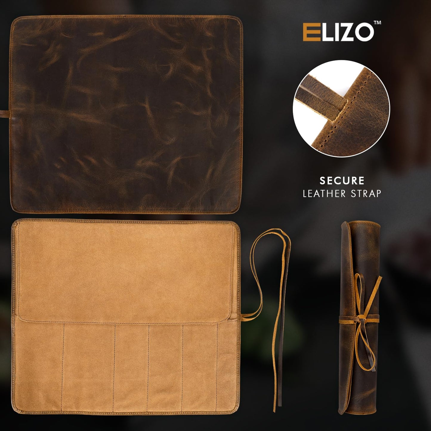 ELIZO Leather Knife Roll Bag Professional Chef Knife Case, Durable Sheath Holder, Cooks & Culinary Tools Carrying Storage, Portable Wrap - 6 Slots