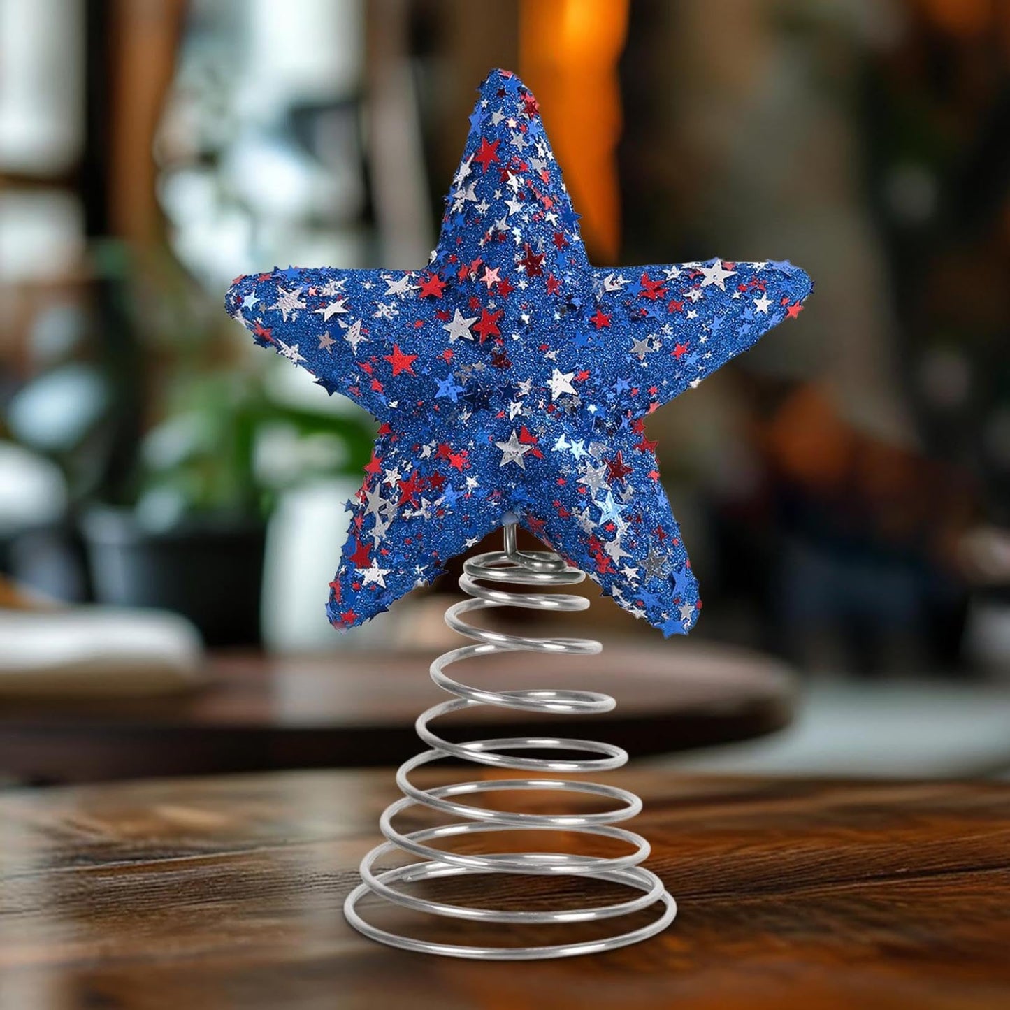 8.6" Glitter Star Christmas Tree Topper Decorative Holiday Tree Toppers Red White Blue Sequins Stars Xmas Trees Ornaments for 250th Anniversary 4th of July Table Centerpieces Home Party Supplies