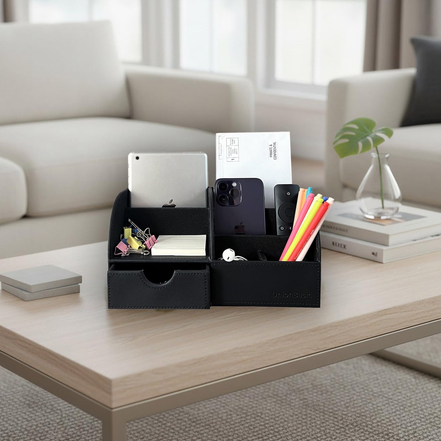 UnionBasic Desk Organizer - Multifunctional Leather Desktop Pen Holder Storage Box - Business Card/Pen/Pencil/Mobile Phone/Stationery Holder, Black