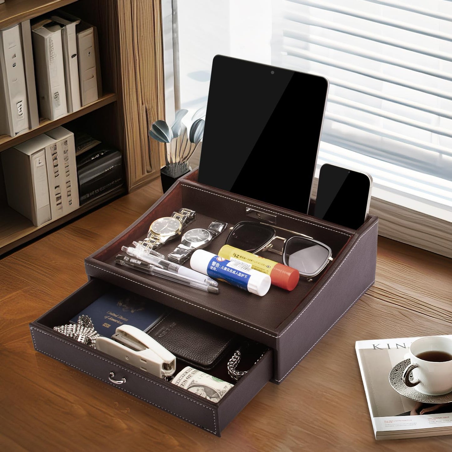 Baoyun Fathers Day Nightstand Organizer for Men, Mens Jewelry Box, Mens Dresser Organizer Countertop, Large Capacity Leather Valet Tray for Phones Pad Wallet Key Birthday Gifts for Men