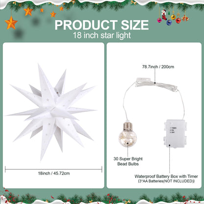 18" White LED Moravian Star Outdoor Light,Waterproof 3D Christmas Tree Topper Lamp with Timer Function,Hanging Outdoor Christmas Light for Holiday Porch Room Party Decoration