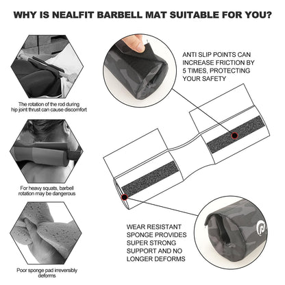 NEALFIT Barbell Squat Pad with Thick Nylon Padding, Hip Thrust Pad for Squats, Lunges, Neck Shoulder Squat Pad for Olympic or Standard Bars (Camo)