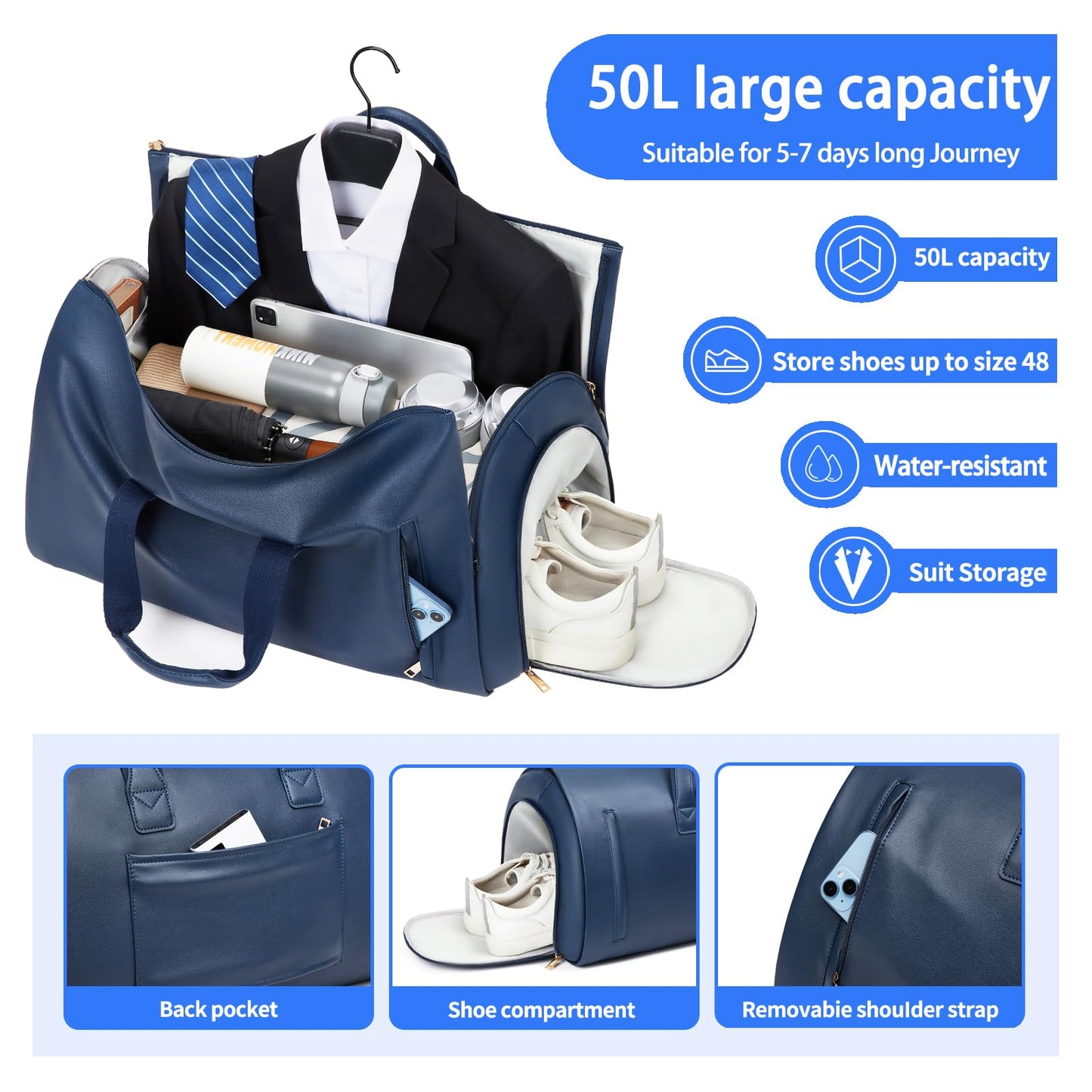 Leather Garment Bag，Convertible Garment Duffel Bag for Travel Mens Suit Bag 2 in 1 Waterproof Foldable Carry on Garment bag with Shoulder Strap Weekender Bag with Shoe Pouch