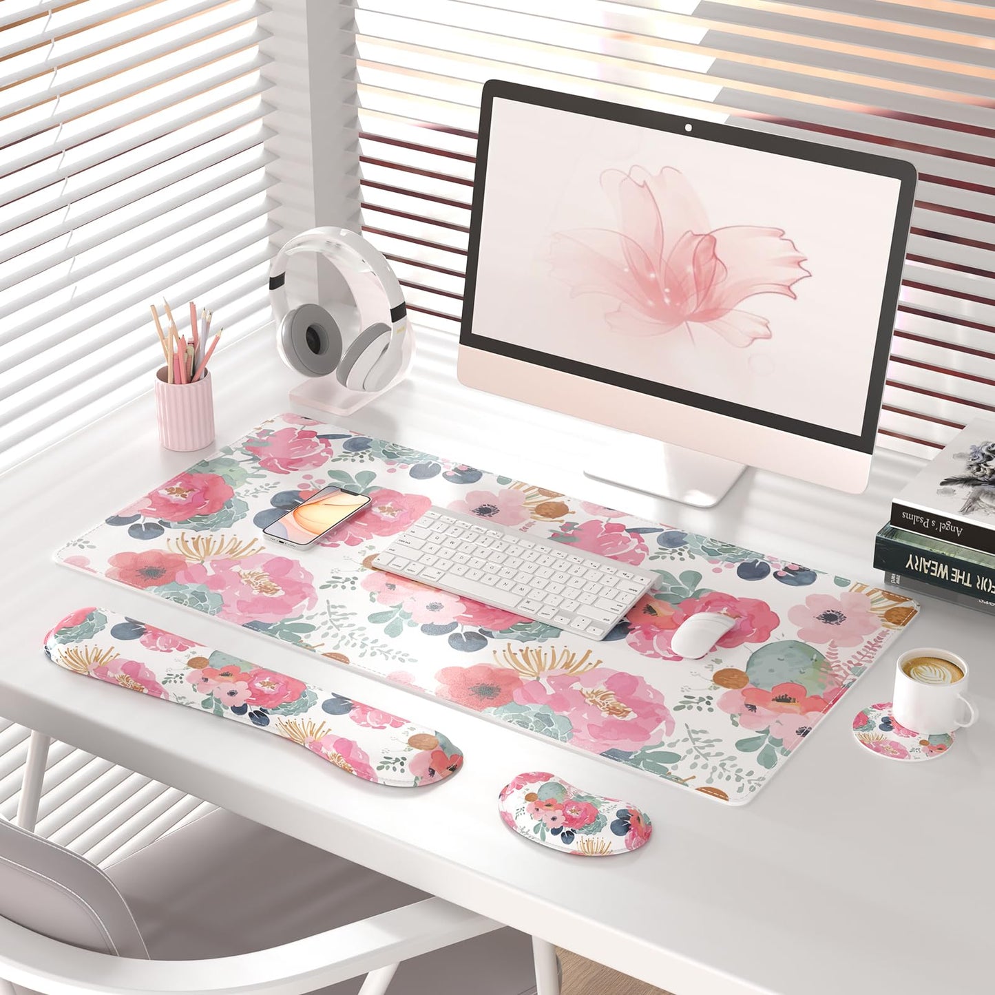 QiyI Leather Desk Mat Set, 4-in-1 Large Mouse Pad with Wrist Rest, Non-Slip Desk Pad + Keyboard Wrist Rest + Mouse Wrist Support + Coaster, Office Desk Accessories Home Decor Supplies, Pink Flowers