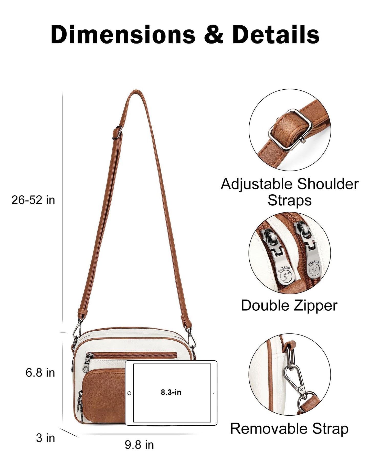 FADEON Crossbody Bags for Women Multi-pocket Leather Crossbody Purses, Designer Shoulder Bag Adjustable Removable Strap