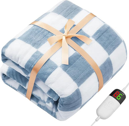 Heated Electric Blanketc Throw, 50X60 Heating Blanket with 10 Heat Levels & 8 Hours Auto Off for Lap, Misty Blue Checkered Plaid Soft Sherpa Blankets Warmer Gifts for Couch Grandma Women Adults