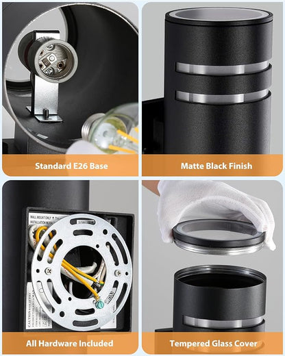 SHIMR Dusk to Dawn Outdoor Lighting 2 Pack, Modern Outdoor Wall Lights with LED Bulbs, Matte Black Exterior Lighting Fixtures Wall Mount, Up and Down Outside Lights for House Porch Garage [ETL Listed]