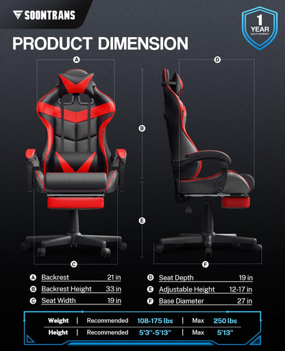 Soontrans Red Gaming Chairs with Footrest,Racing Gaming Chair,Computer Gamer Chair,Ergonomic Game Chair with Adjustable Headrest and Lumbar Support
