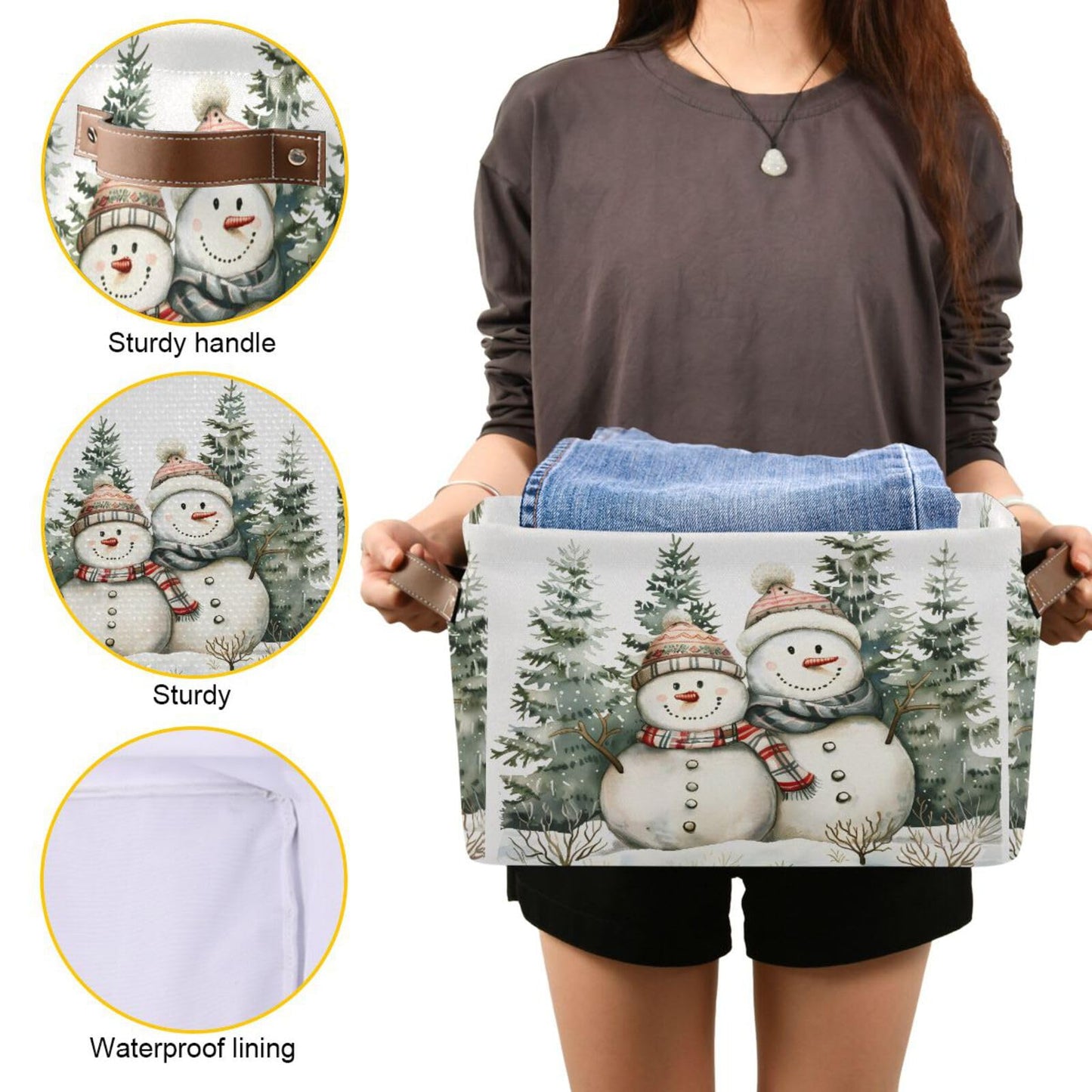 senya Christmas Storage Basket, Forest Winter Christmas Snowman Foldable Fabric Collapsible Storage Bins Organizer Bag for Storage Clothes