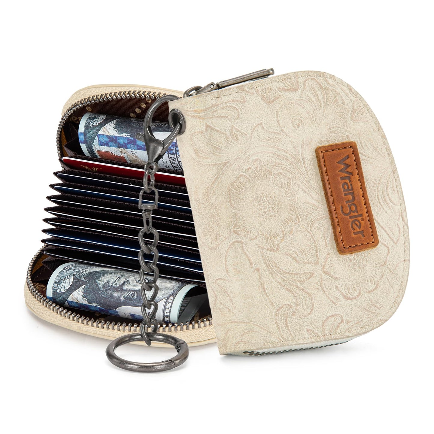 Montana West Wrangler Small Keychain Wallet for Women RFID Blocking Credit Card Holder Floral Tooling Coin Purse Beige WG338-W102-1BG