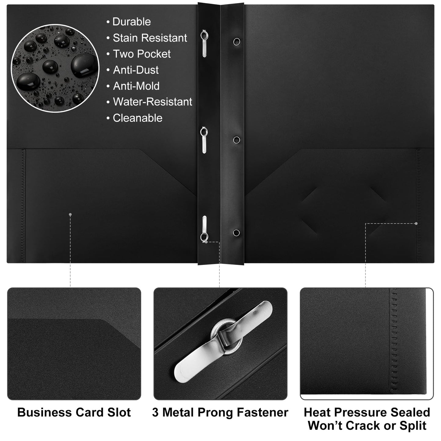 Patelai 48 Pcs Plastic Folders with 2 Pockets and 3 Prongs Home Folders with Card Slot Letter Size Heavy Duty Report Covers for Back to School(Black,Classic)
