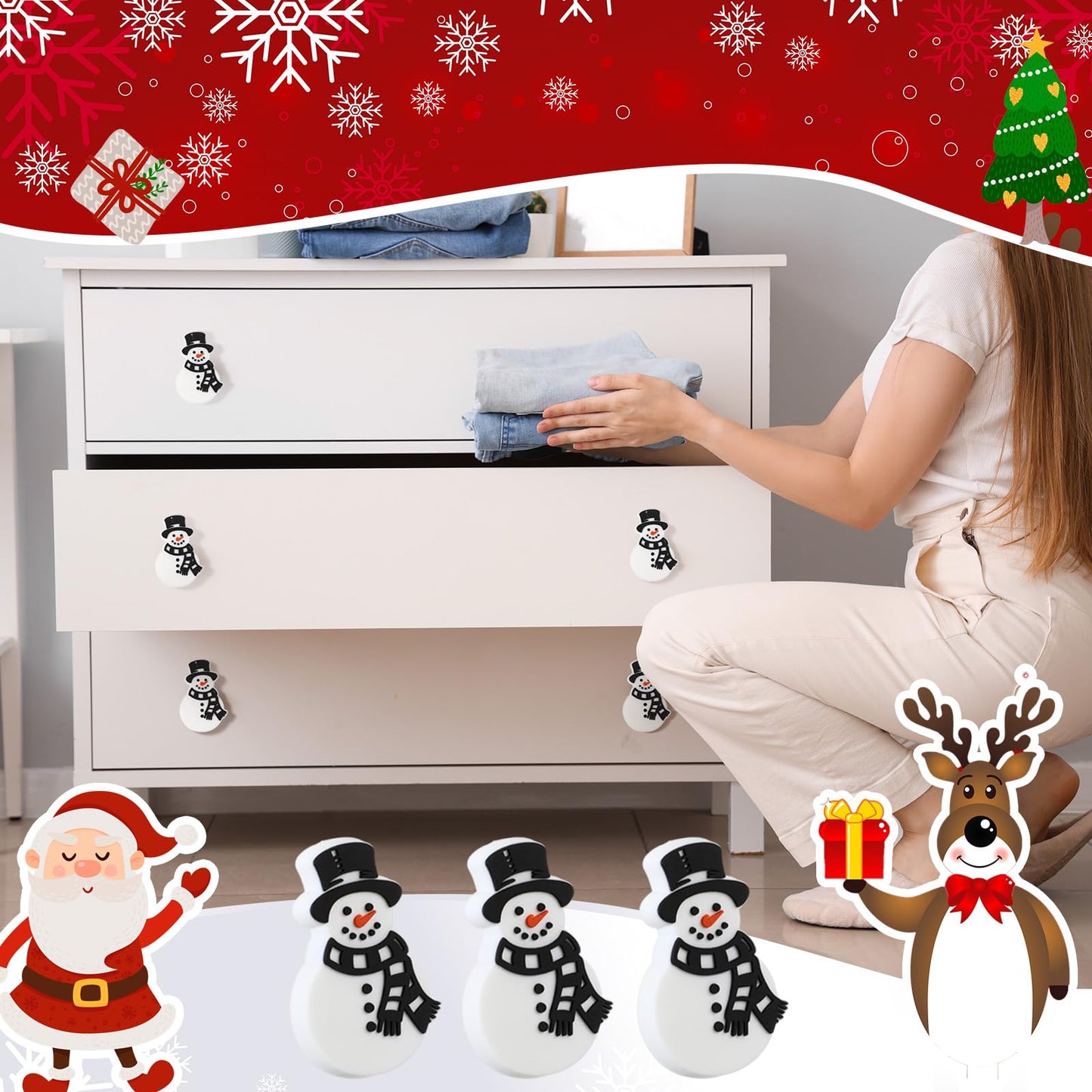 Moxweyeni 12 Pieces Christmas Cabinet Knobs for Kitchen Snowman Knobs Silicone Hand Cabinet Knob Cover Christmas Decorative Drawer Pulls for Xmas Winter Kitchen Home Party Decorations