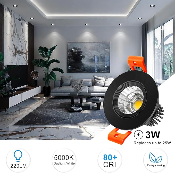 inShareplus 2 Inch LED Downlight, 3W Recessed Lighting COB Dimmable, 5000K Daylight White, CRI80, Black Trim, Ceiling Lights with LED Driver, 6 Pack