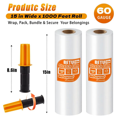 Stretch Film Shrink Wrap for Moving Supplies (15inch, 2 Pack) x 1000ft, Industrial Strength Plastic Wrap Stretch Roll for Pallet Wrapping Shipping Moving Boxes Storage Furniture with Handles, Clear
