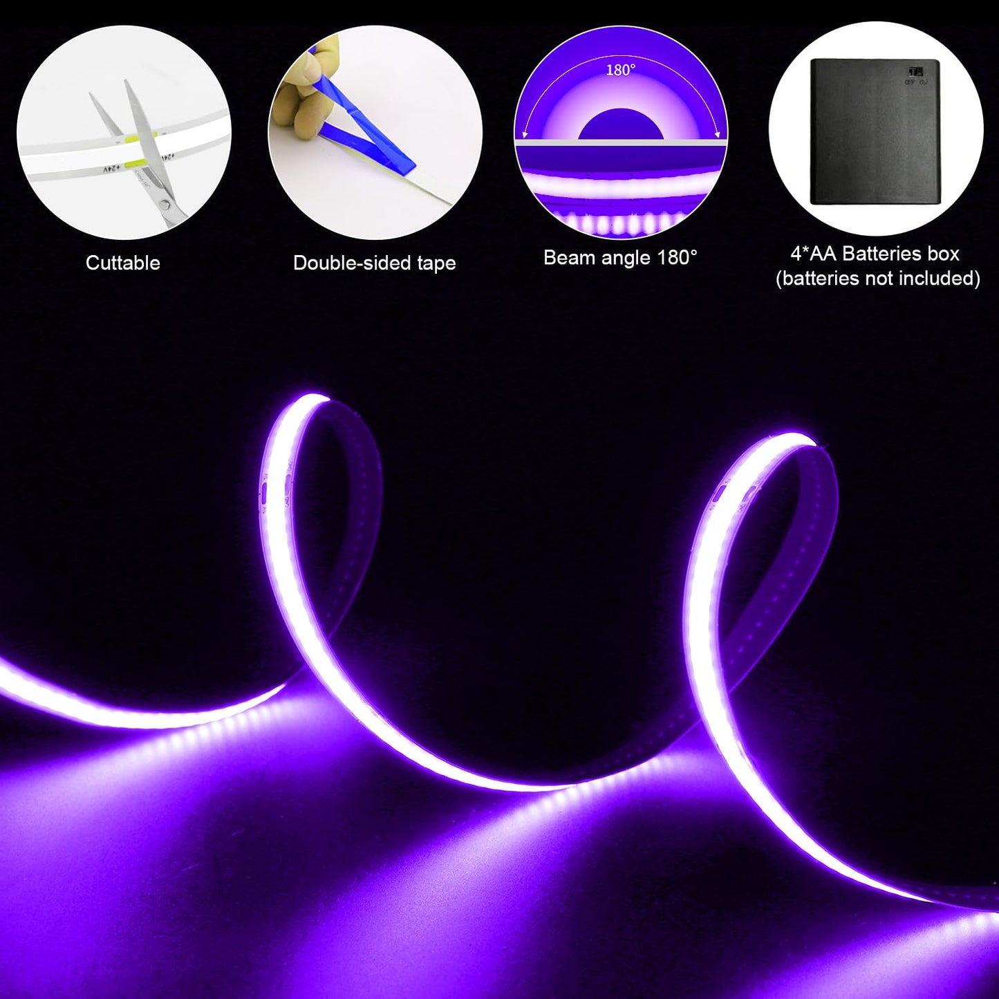 Smacen Battery Powered COB Led Strip Lights, 4.92Ft Battery Operated Purple LED Strip Light, High Brightness Flexible LED Tape Lights for TV, Cabinet, Glow Party, Halloween, Home DIY Decoration