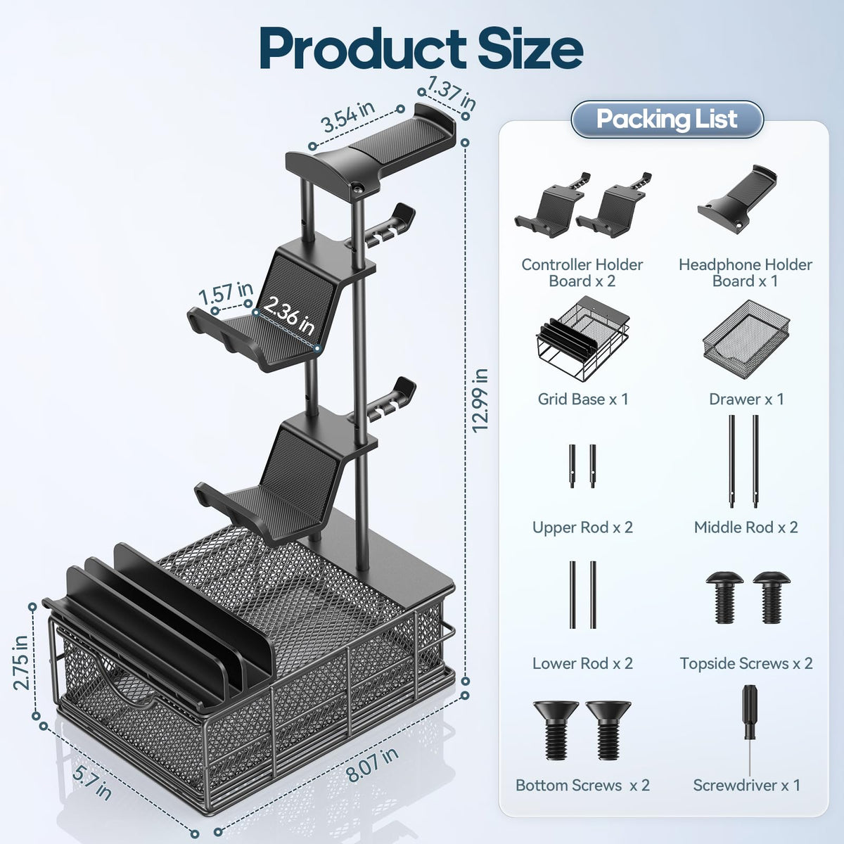KDD Headphone Stand with Drawer - Headset & Controller Holder for Desk - Aluminum Supporting Bar Earphone Stand with Cable Organizer - Universal Gaming PC Accessories Storage