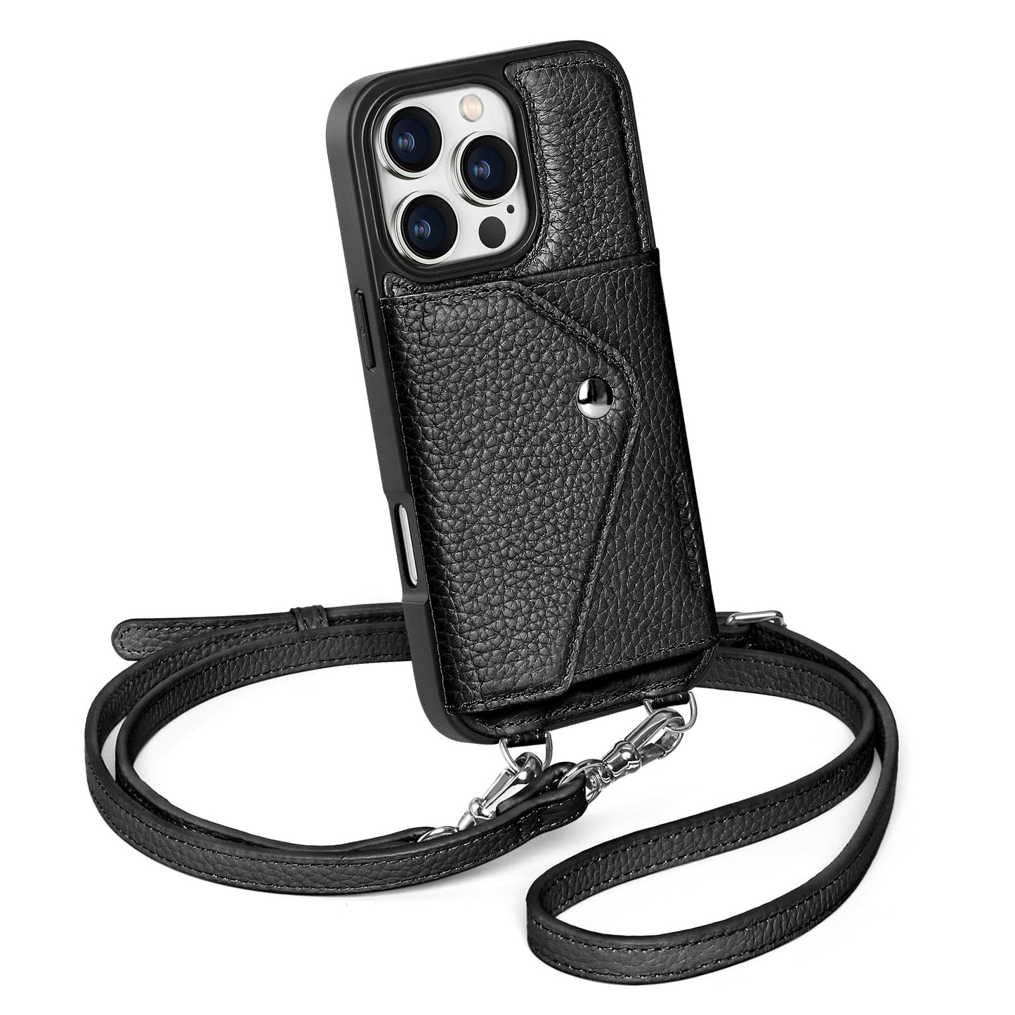 LUCKYCOIN Crossbody Phone Case for iPhone 16 Pro,100% Genuine Leather Phone Wallet Case for Women, Premium Hands-Free Phone Purse with Expandable Flip Card Holder & Adjustable Strap - Pebble Black