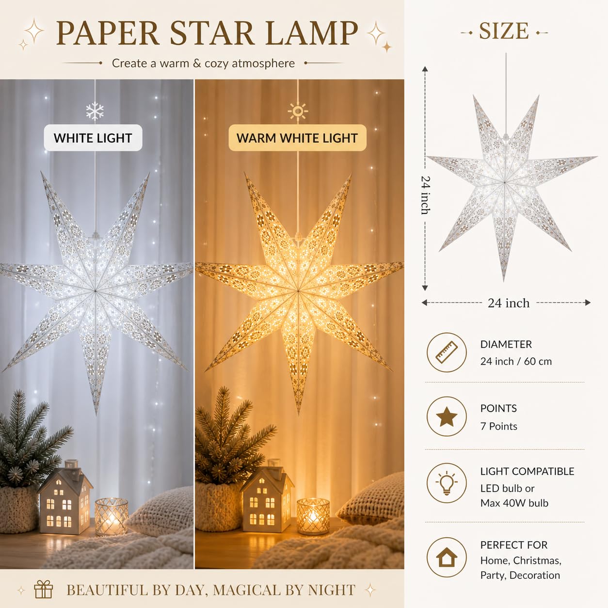 YEPSIO Lantern Lampshade Paper Star Light Shades Large 60cm Hanging Decorations for Christmas Wedding Home Decoration Birthday Party Foldable 7 Pointed Star (White, Silver)