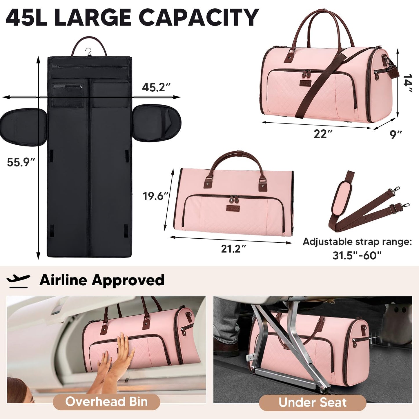 Vessgra Garment Bag for Airplane Travel,Weekender Travel Bag for Women, 2 in 1 Convertable Garment Duffle Bag with Shoes Compartment Carry on Bag Hanging Garment Bag Travel with Shoulder Strap,Pink