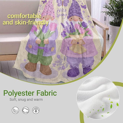 Gnome Lightweight Throw Blanket, Purple Lavender Flower and Butterfly, Warm Soft Cozy Flannel Blankets, Couch Dorm Home Decor All Season Use, 60x50in, Beige, Gifts for Women and Spring Lovers