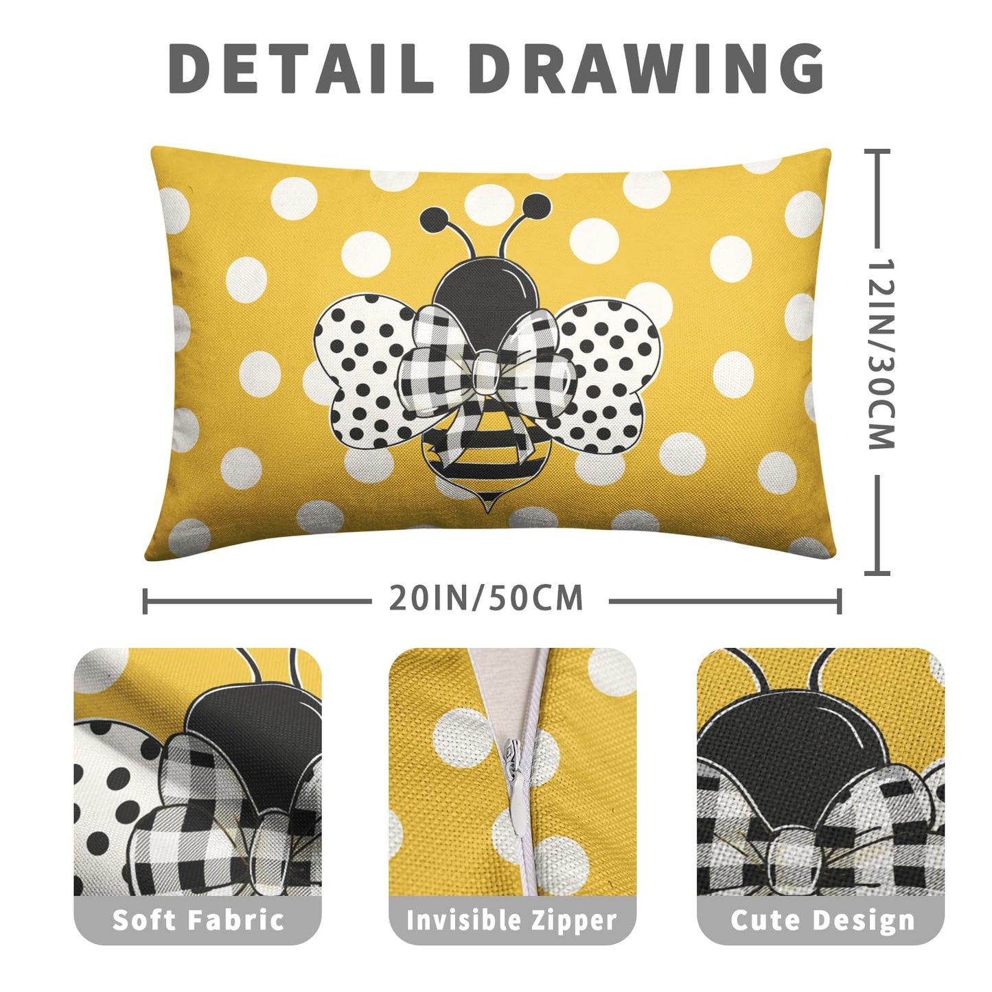 Wnoesat Lumbar Pillows Covers 12x20 Set of 2 Spring Summer Farmhouse Decorative Bumble Bee Polka Dots Throw Pillow Cover Yellow Honey Bee Rectangle Waist Cushion Case for Outdoor Couch Patio