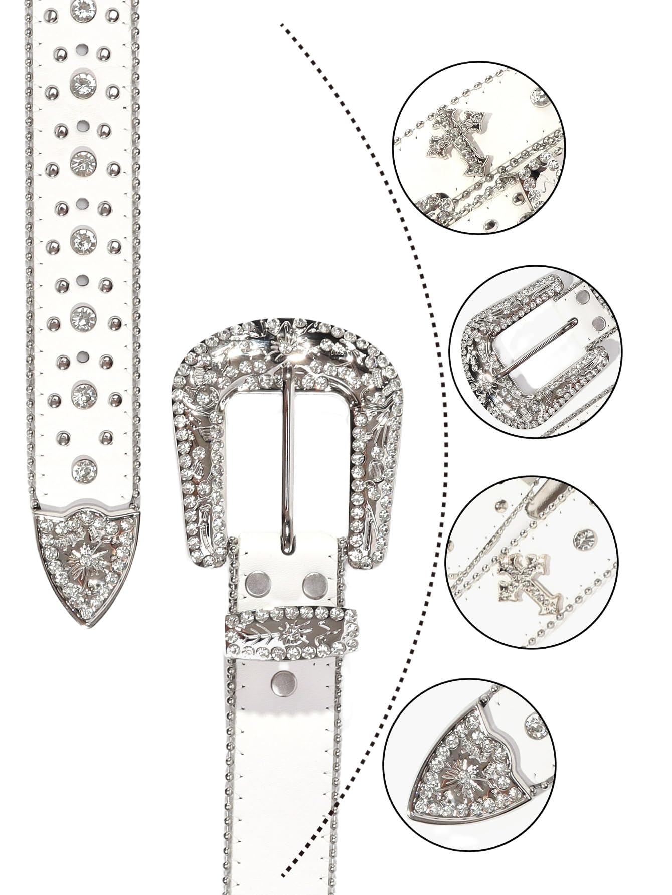 Strapvia Rhinestone Belt for Men & Women, Western Cowboy Cowgirl Belt with Bling Cross Design for Jeans (Full white, waist size 38"-41")
