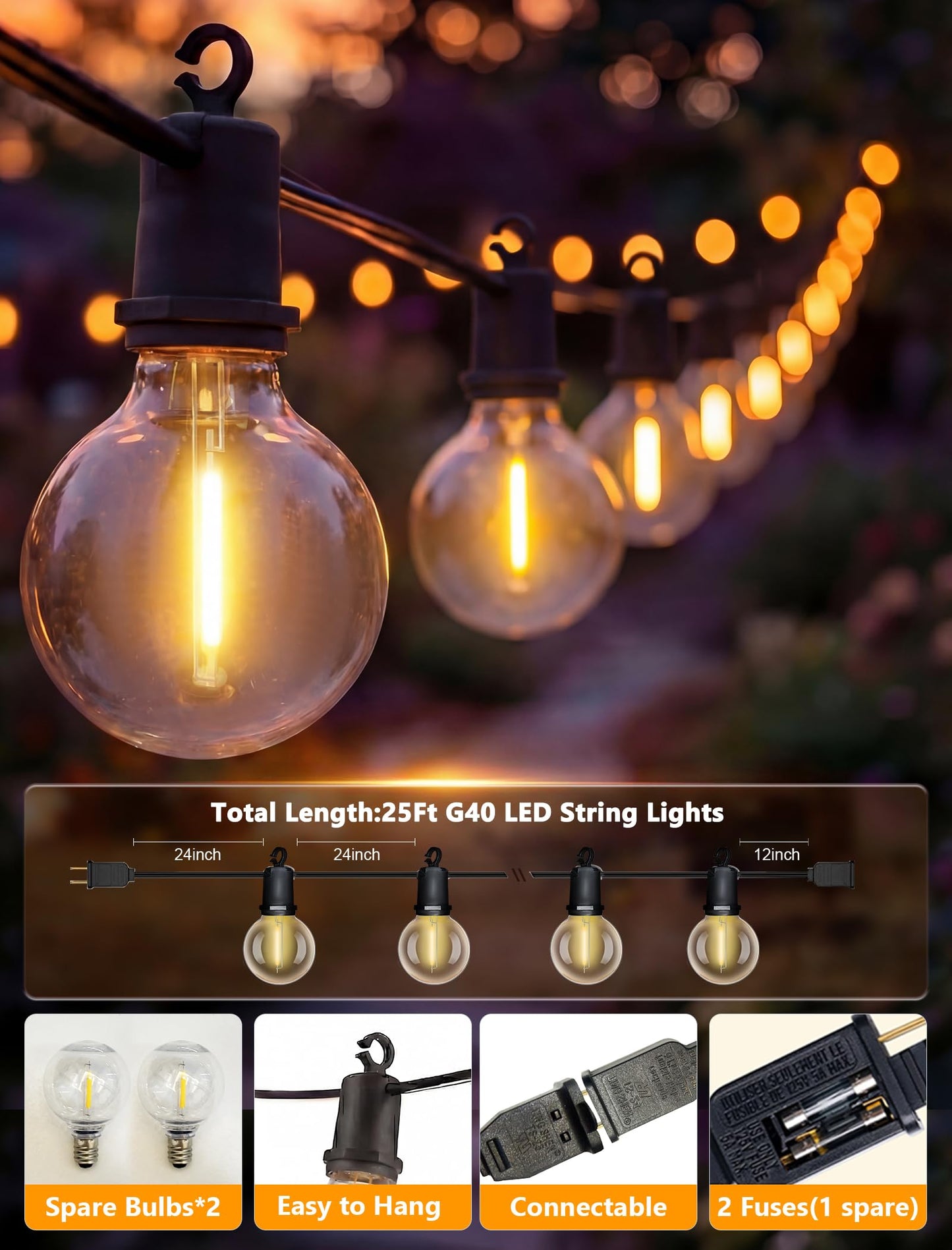 Xingzd 25FT LED Outdoor String Lights, 13 G40 Bulbs Shatterproof Patio Lights, IP65 Waterproof Hanging Connectable Warm White Outdoor Lighting for Outside Backyard Balcony Porch Home Decor