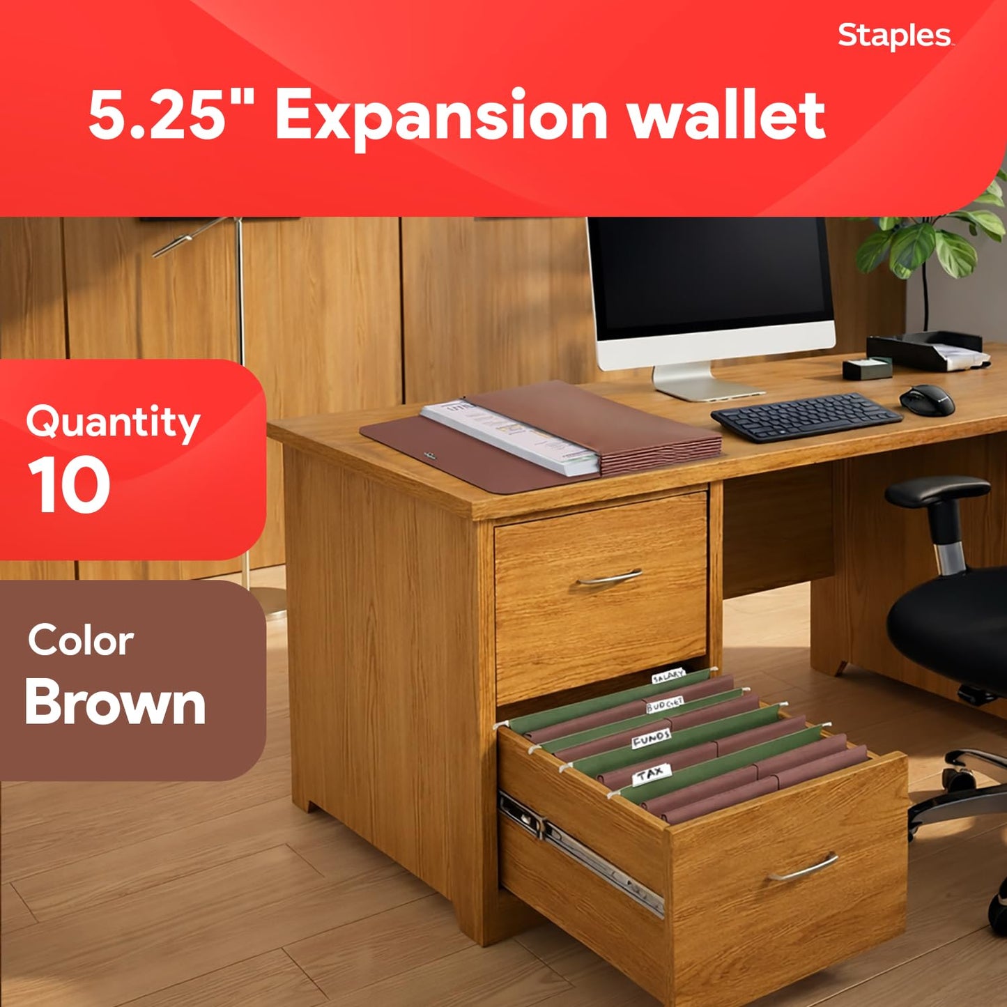 Staples Expanding Wallet, Legal Size, Brown Redrope Accordion File with Elastic Closure, Holds Oversized Documents – 10/Pack