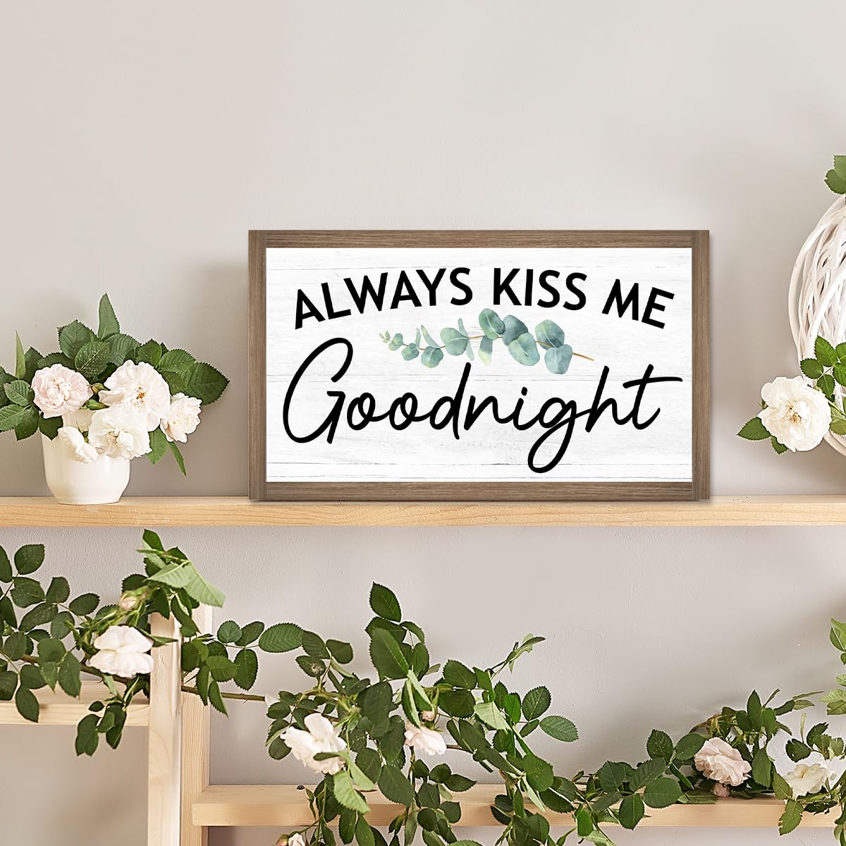 Always Kiss Me Goodnight Wooden Box Sign Desk Decor,Rustic Farmhouse Love Sign Wood Block for Home Bedroom Shelf Tabletop Wall Decor