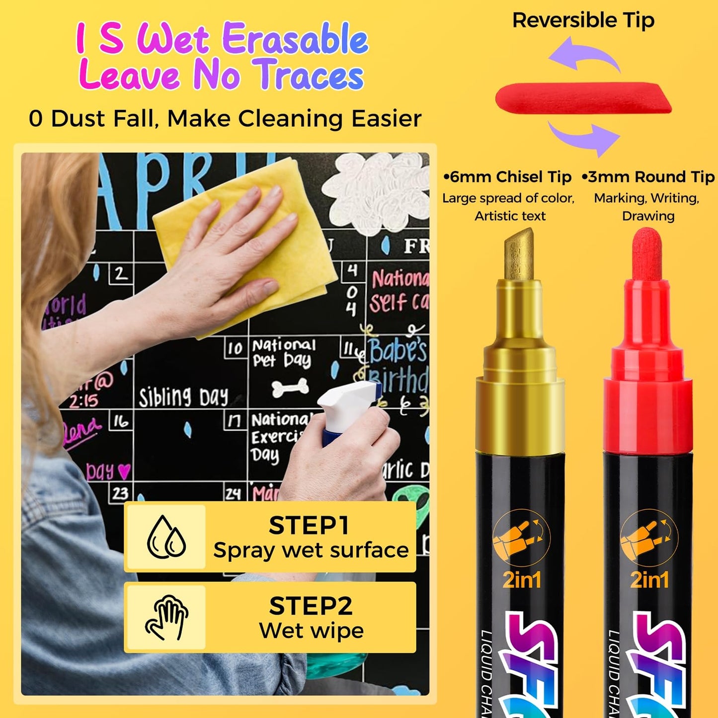 SFAIH 24 Vibrant Chalk Markers for Blackboard [1s Wet Wipe] - No Residue, 6mm Chalk Markers for Chalkboard Calendar, Glass, Window, Menus, Labels, Signs, Car, Non-Toxic, Ideal for Bistro Home